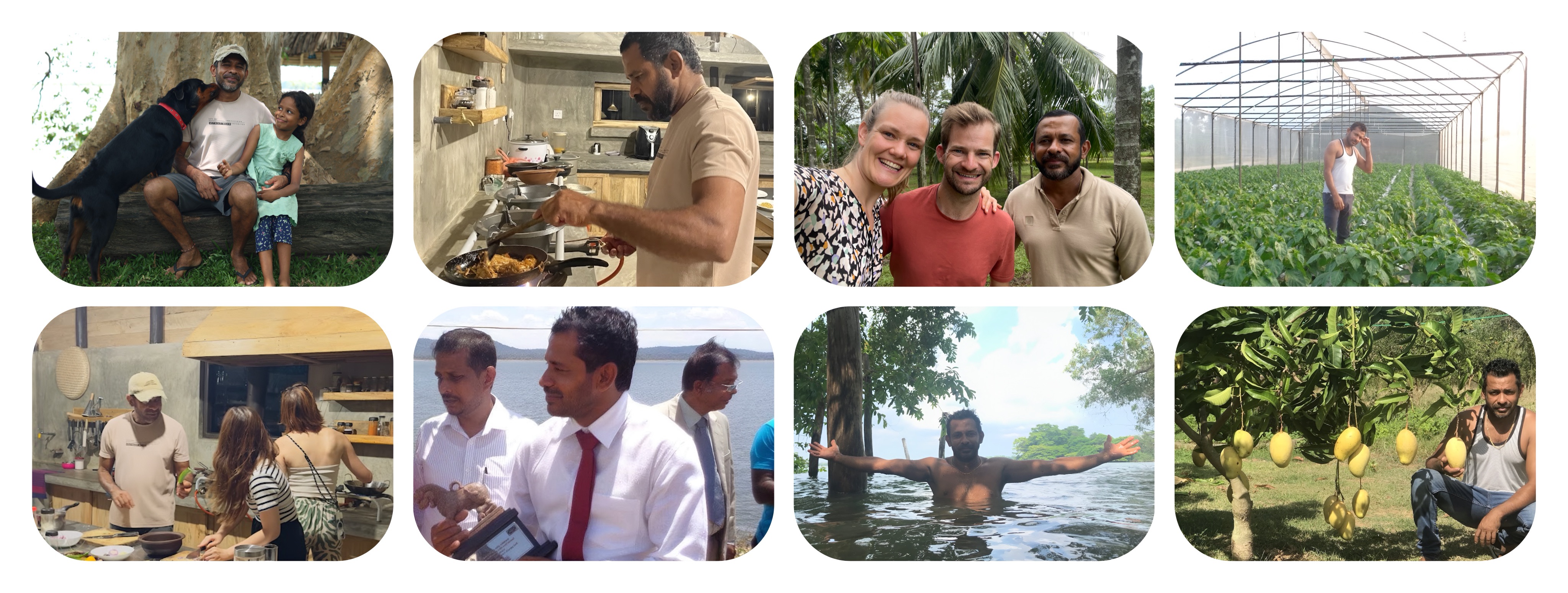 A collage of Aji with family, guests, cooking, farming, and fruit at Aji Fruit Farm