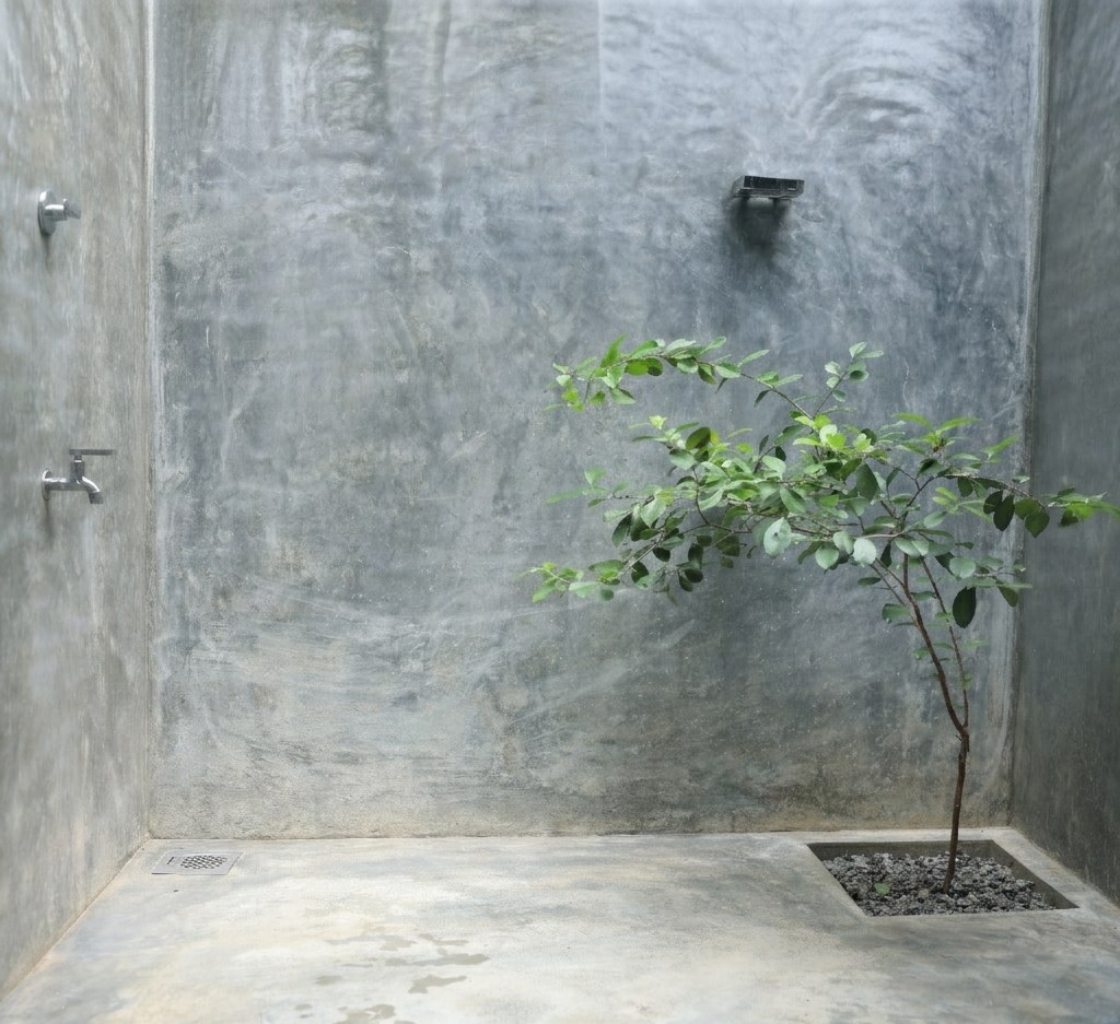Open-air cottage bathroom at Aji Fruit Farm — a young tree growing through the concrete floor