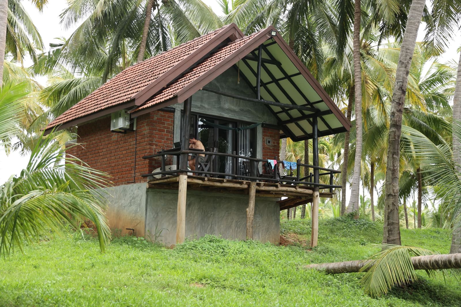 Cottage on stilts among the coconut palms